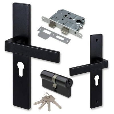 Afbeelding van COMBINATIE Deurklink ELIOT met profielcilinder 55 mm + cilinder zwart 30/30 Insteekslot dag &amp; nachtslot wit 55mm