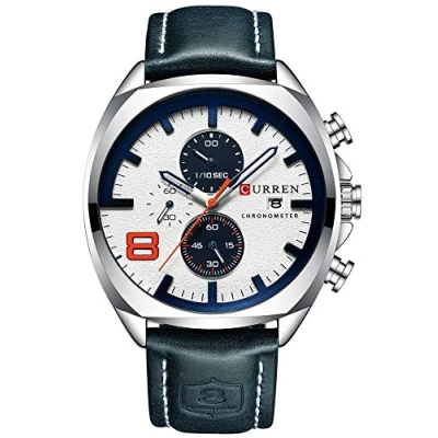 Afbeelding van Heren chronograaf horloge met lederen band klassiek casual roestvrij staal waterdicht datum analoog zilver wit wit, Zilver/Wit, Klassiek,