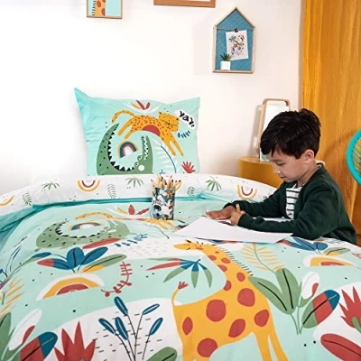 Afbeelding van CÔTE DECO Omkeerbaar beddengoed voor kinderen, junglegroen, dekbedovertrek 140 x 200 cm, 1 kussensloop 63 100% zacht katoen