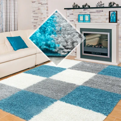 Afbeelding van Basic Shaggy Geblokt vloerkleed Turquoise / Wit Hoogpolig 200x290 cm