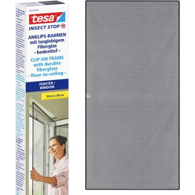 Afbeelding van tesa Insect Stop Clip On vliegenhor om op het raam te klikken maat gesneden frame, gaas van duurzaam glasvezel, zelfklevende bevestigingsclips 1,2 x 1,4 m antraciet