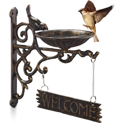 Afbeelding van Relaxdays vogelbad met bordje &quot;welcome&quot; muur drinkschaal vogels brons