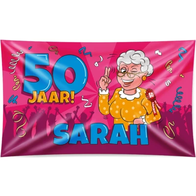 Afbeelding van Gevelvlag 50 jaar Sarah cartoon XXL 150x90cm