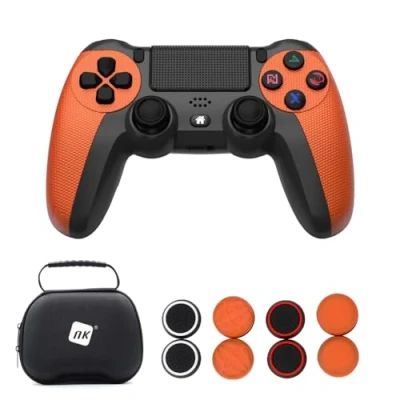 Image de NK Pack manette PS4 / PS3 PC/Mobile sans fil Wireless Controller, 2 Shock, 6 axes, panneau tactile, entrée casque, câble de charge, 8 poignées joystick, étui pour Orange