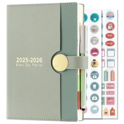 Afbeelding van Schoolagenda 2025 2026, DIN A5, pagina per dag, van augustus tot 13 maanden dagplanner, hardcover met pen (groen)