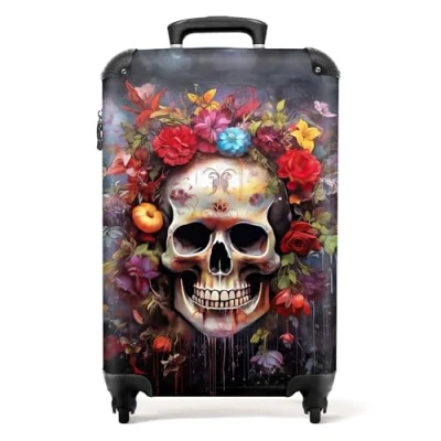 Afbeelding van NoBoringSuitcases.com® Rolkoffer, bagage voor dames en heren, cabinekoffers ruimbagage, Schedel donkere bloemen, Koffer