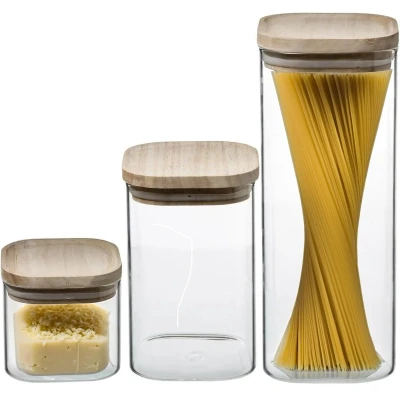 Afbeelding van Set van 3 voorraadbussen/voorraadpotten glas met houten deksel 500 ml 1000 1800 Voorraadpotten luchtdichte