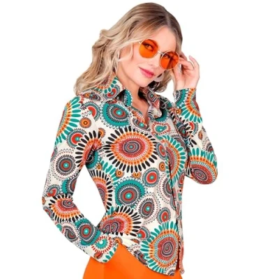 Afbeelding van Widmann Hippie Kostuum Super 60s True Vintage Shirt Vrouw Blauw, Oranje XXL Carnavalskleding Verkleedkleding