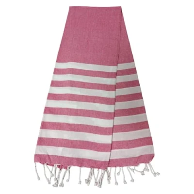 Afbeelding van Atout Ciel Strandhanddoek, fouta, gestreept met franjes, 90 x 180 cm, roze