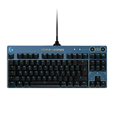 Afbeelding van Logitech G PRO mechanisch gamingtoetsenbord draagbaar en zonder cijferblok, afneembare USB kabel, RGB verlichte toetsen, officiële League of Legends Edition blauw/goud
