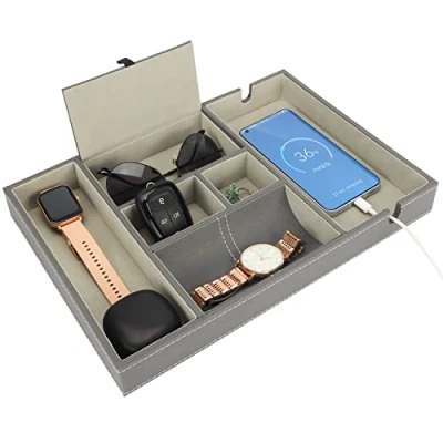 Afbeelding van Belle Vous 6 Compartimenten Grijs Faux Lederen Dressoir/ Nachtkast Organizer Tray Bureau Opslagdoos voor Beurs, Telefoon, Sleutel, Sieraden, Heren Accessoires, Geld, Manchetknopen Allesvanger