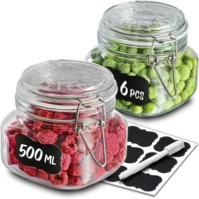 Afbeelding van 6 waakpotten met biegelluiting, 500 ml, etiketten, stift en extra siliconen afdichtingen, ruimtebesparing door Hoekige voorzijde, vaatwasmachinebestendig