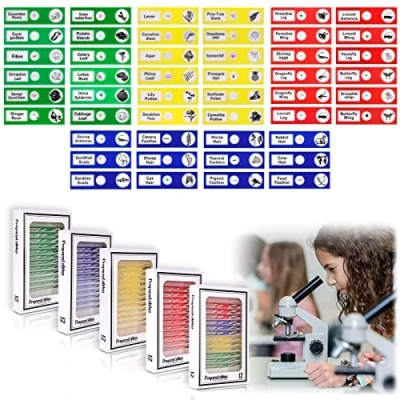 Afbeelding van Vegena 60 stuks microscoopmesjes voor kinderen met insecten, dieren, bloemen, planten, biologische monsters van kunststof, accessoires studenten, onderwijs
