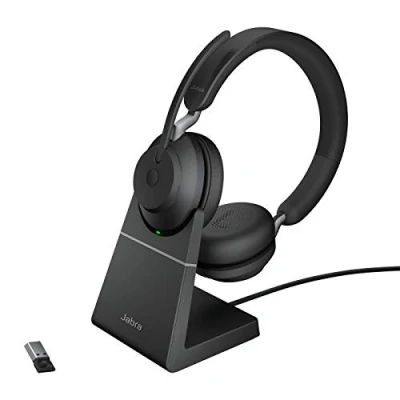 Image de Jabra Evolve2 65 UC Stereo Micro casque sur oreille Bluetooth sans fil USB A isolation acoustique noir avec support de chargement