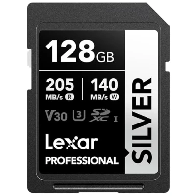 Afbeelding van Lexar SD kaart 128 GB zilver, tot 205 MB/s lezen, 140 schrijven, SDXC UHS I geheugenkaart, klasse 10, U3, V30, voor professionele fotografen, videografen, liefhebbers