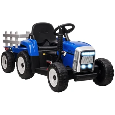 Afbeelding van HOMCOM elektrische tractor met afneembare aanhanger, auto voor kinderen van 3 tot 6 jaar, afstandsbediening, MP3, muziek, weergave lichten en veiligheidsgordel, 12 V, km/u, blauw