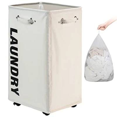 Afbeelding van DOKEHOM 29 inch extra grote wasmand met verwijderbare waszak op wielen, opvouwbare rollende wasmand, kledingorganizer, wascontainer (beige)