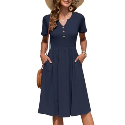 Afbeelding van AUSELILY Zomerjurk met korte mouwen voor dames, casual jurk V hals tot knie knopen en zakken, Navy Blauw, XL