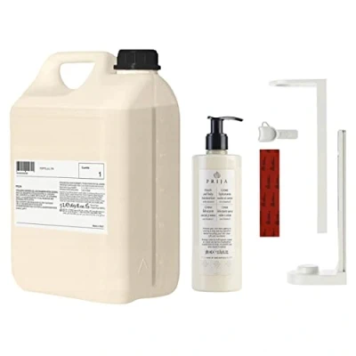 Afbeelding van PRIJA Badkamerset: witte flessenhouder, hydraterende crème 380ml + 5l navulling
