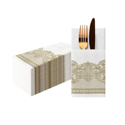 Afbeelding van PAW Papieren servet Airlaid (1/8 zak) I Ornament Klassiek, Goud Decoratie Verjaardag, Bruiloft, Doop Stofstructuur Kleur: Royal Lace (gold)