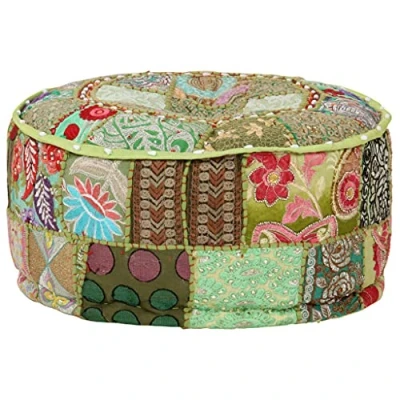 Afbeelding van Poef patchwork rond handgemaakt 40x20 cm katoen groen