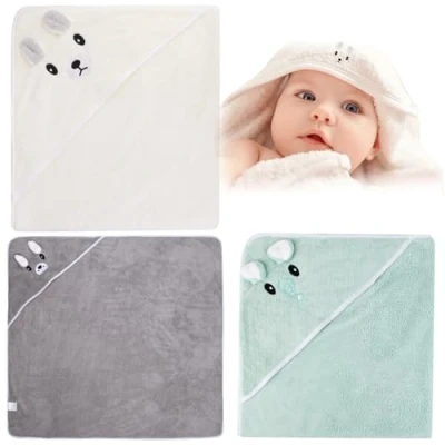 Afbeelding van Leikurvo Set van 3 babyhanddoeken met capuchon, 80 x cm, babybadhanddoek zacht, uniseks, cadeau voor pasgeborenen (grijs, lichtgroen, crème)