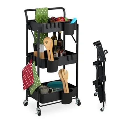 Afbeelding van Relaxdays keukentrolley op wieltjes inklapbaar met bakjes serveerwagen opbergtrolley zwart