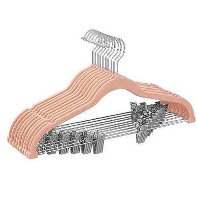 Afbeelding van SONGMICS Broekhangers, 10 stuks, fluweel, lengte 42,5 cm, met verstelbare clips, antislip, ruimtebesparend, voor broeken, jassen, jurken, lichtroze CRF012R10