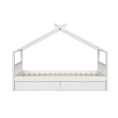 Afbeelding van VitaliSpa Kinderbed huisbed kinderhuis design wit lattenbodem 90x200 lade
