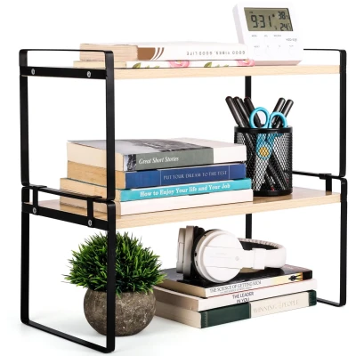 Afbeelding van Belle Vous Wooden Desktop Organiser Shelf Stackable 2 Tier Storage Rack for Home Table, Kitchen or Desk Freestanding Display Books, Decor Office Supplies Brown and Black