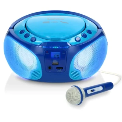 Image de Radio portable FM et lecteur CD/MP3/USB avec microphone effets lumineux Lenco SCD 650BU Bleu