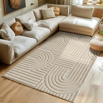 Afbeelding van Hoogpolig tapijt voor woonkamer, keukentapijt, beige, Scandinavische en boho stijl met 3D design, zacht wollig. Afmetingen: 120 x 170 cm, kleur: beige