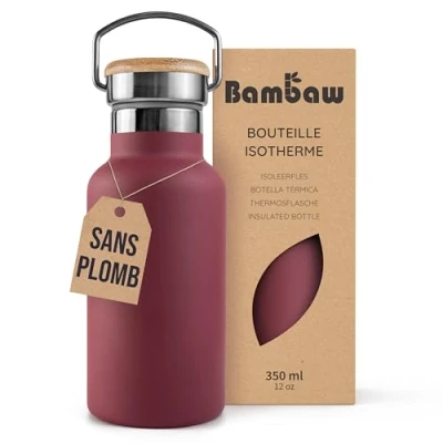 Afbeelding van Bambaw® 350ml RVS Thermosfles Dubbelwandig, Milieuvriendelijk, Lekvrijen, loodvrij en Plasticvrij Geïsoleerde Fles met Bamboe Deksel voor Warme Koude Dranken Ideaal Reizen, Werk, Yoga, Wandelen Dagelijks Gebruik rood