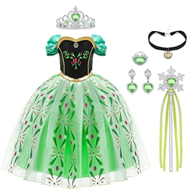 Afbeelding van URAQT Elsa kostuum, Anna jurk met toverstaf en kroon, prinsessenjurk voor meisjes, fantasiejurk verjaardagsfeest, Halloween, Kerstmis, cosplay