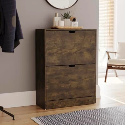Afbeelding van Vida Designs Schoenenkast met 2 lades, ruimtebesparend, inklapbare kast voor gang en woonkamer, FSC 100% gecertificeerd, donkergekleurd hout