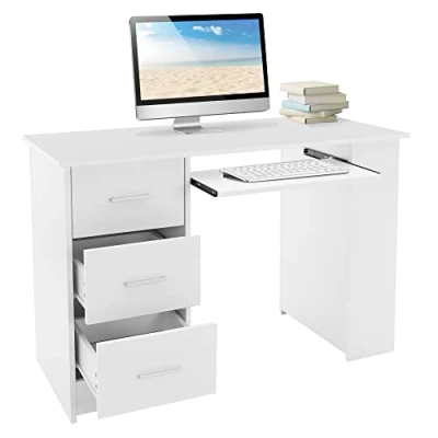 Afbeelding van Bureau met drie laden legplanken en toetsenbordlade 110x49x75 cm Wit hout ML Design