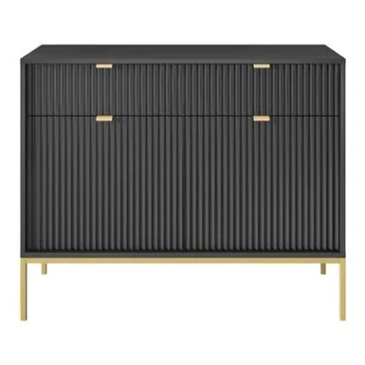 Afbeelding van Selsey Vellore tweedeurs ladekast 104 cm zwart met gecanneleerde fronten en goudkleurige omlijsting