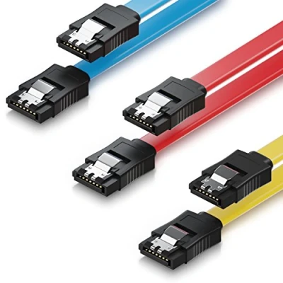 Afbeelding van deleyCON 3 x 0,5 m SATA III datakabel HDD SSD aansluitkabel 1 metalen clip 6 Gb/s 2 rechte stekker type L geel/rood/blauw