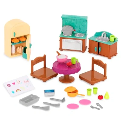 Afbeelding van Li&#039;l Woodzeez 30 stuks keukenaccessoires in landelijke stijl fornuis, gootsteen, eettafel en meer dierenfiguren accessoires speelgoed voor kinderen vanaf 3 jaar