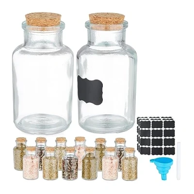 Afbeelding van Relaxdays kruidenpotje set van 14 150 ml glazen potjes met etiketten &amp; trechter