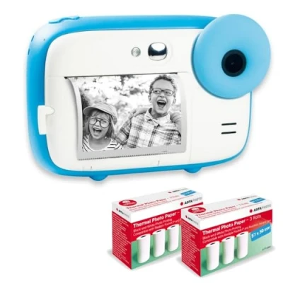 Afbeelding van AGFA Photo Pack Realikids Instant Cam + 6 Rouleaux Papier Thermique ATP3WH supplémentaires Appareil Instantané Enfant, Ecran LCD 2,4&#039;, Batterie Lithium, Miroir Selfie et Filtre Bleu