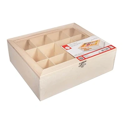 Afbeelding van Rayher 62972505 Theedoos, natuurlijk hout, FSC 100%, 1 stuk, 28,5 x 23,5 9 cm, theeopslag in zak, 12 vakken, deksel met venster