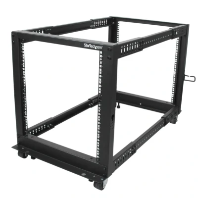 Afbeelding van StarTech.com 12U open frame serverrack met 4 stijlen verstelbare diepte incl. zwenkwielen/stelpoten en kabelhaken