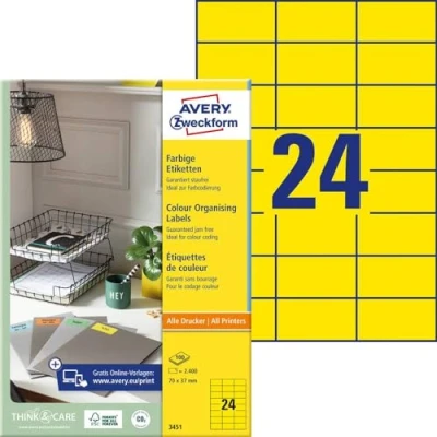 Afbeelding van Avery Gekleurde Universele Etiketten Ft 70 X 37 Mm (b H), 2400 Stuks, Geel Etiket