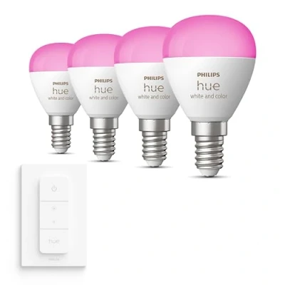 Afbeelding van Philips Hue Starterspakket White and Color Ambiance Kogellamp E14 4 Lampen en Wall Switch Eenvoudige Installatie Werkt met Alexa Google Home