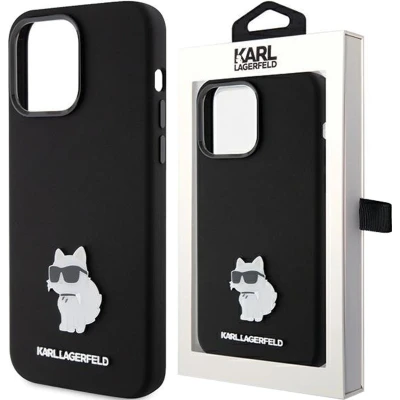 Afbeelding van Karl Lagerfeld Siliconen Choupette Metal Pin hoesje voor iPhone 15 Plus / 14 zwart