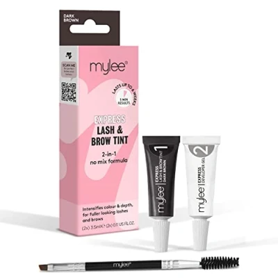 Afbeelding van MYLEE Express wimper en wenkbrauwset 2 in 1 formule zonder mengsel, verven + onthullende gel dubbelzijdige borstel, professionele kleuring, langdurig, semi permanent (donkerbruin)