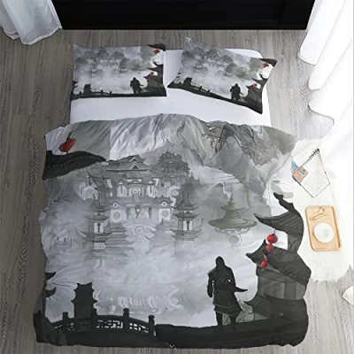 Afbeelding van Dekbedovertrek van 240 x 260 cm, Japans motief, beddengoed voor tweepersoonsbed, Aziatisch, Samurai, met ritssluiting, 2 kussenslopen 65 100% microvezel