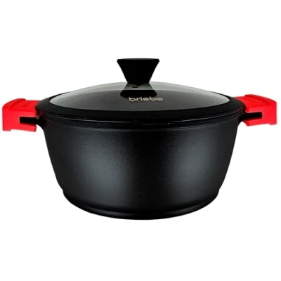 Afbeelding van briebe Black Titanium Casserole de cuisine à induction anti adhésive en titane, fonte d&#039;aluminium, revêtement sans PFOA, couvercle verre, poignées silicone amovibles, vitrocéramique, gaz,
