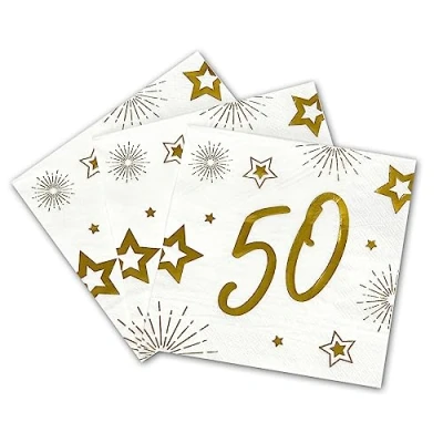 Afbeelding van Tralala Fêtes® Set van 16 servetten voor de 50e verjaardag wegwerpservetten papier, 3 laags, feestelijke decoratie, wit en goud (goud), 33 x cm opengeklapt (50 jaar)